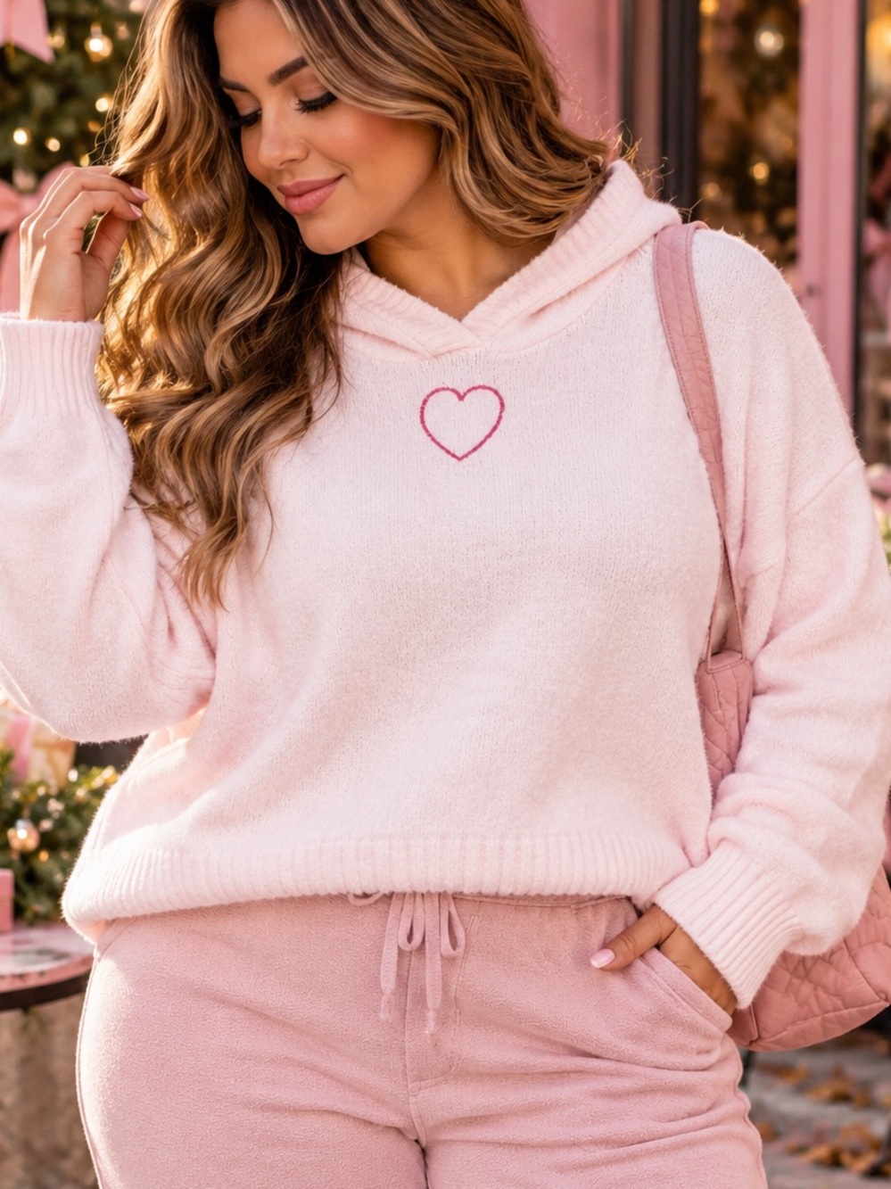 No Comment-Light Pink Heart Hooded Sweater – Juniors XL